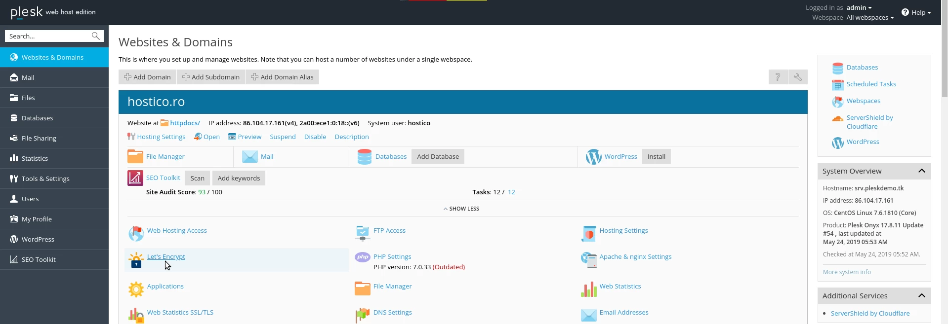 Selectare Let”s Encrypt in panou Plesk