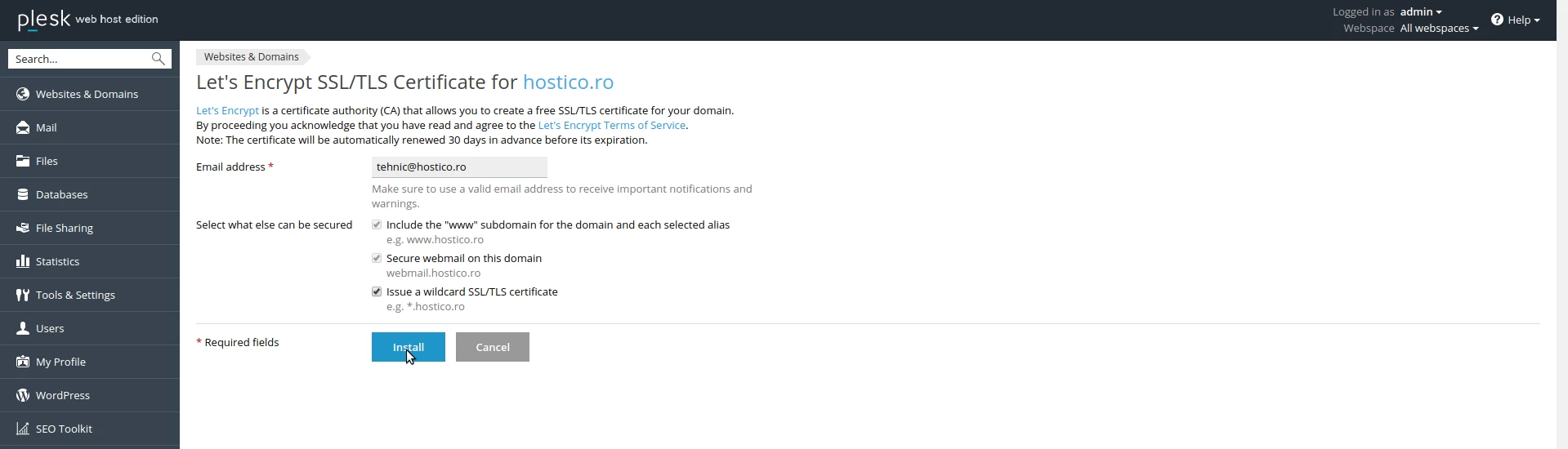 Selectare wildcard SSL/TLS in panou Plesk