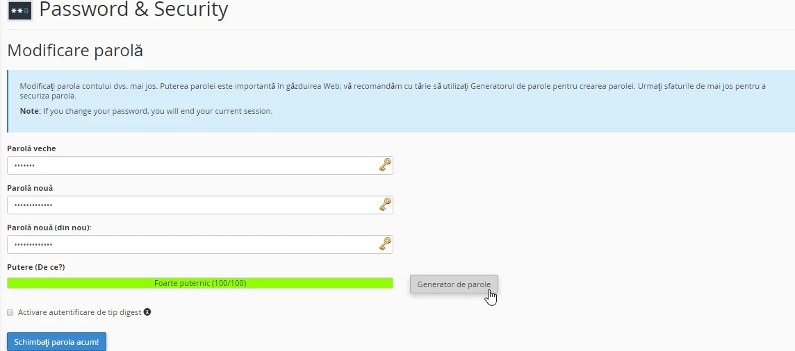 Modificare parola cPanel