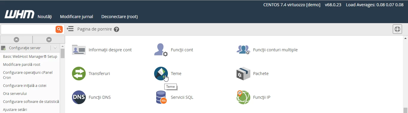 Secțiunea Teme cont WHM